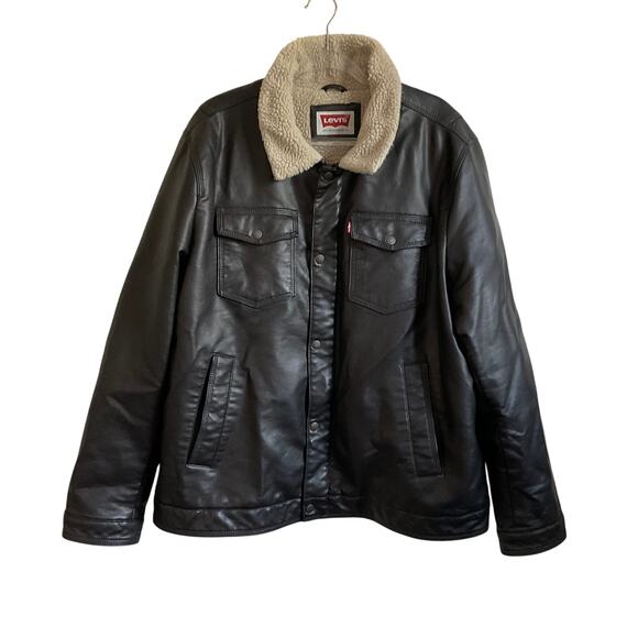 Levi’s Men’s Dark Brown Faux Leather Sherpa Lined Jacket - Size XXL - Picture 1 of 8